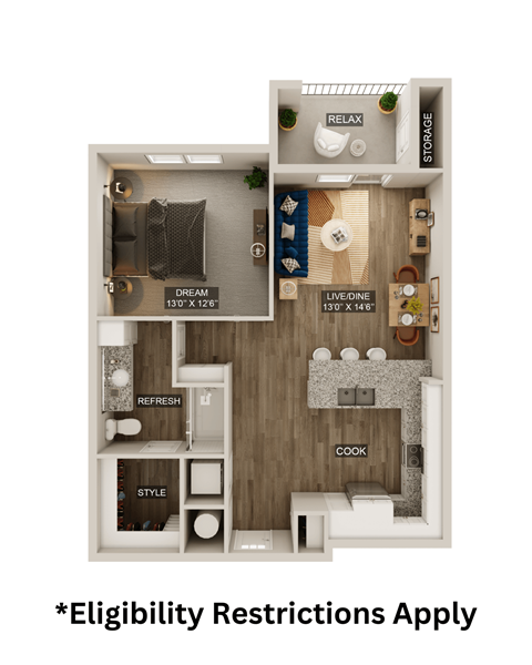 A diagram of a house layout with a living room, kitchen, and bathroom.